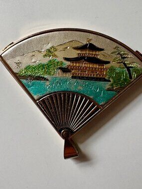Vintage fan shaped compact makeup mirror keychain bag charm Japanese Kyoto